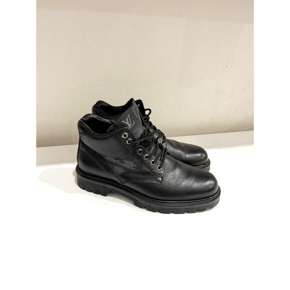 Louis Vuitton Leather/Damier Ebene Canvas Oberkampf High Top Combat Boot Black 7 - Picture 4 of 7